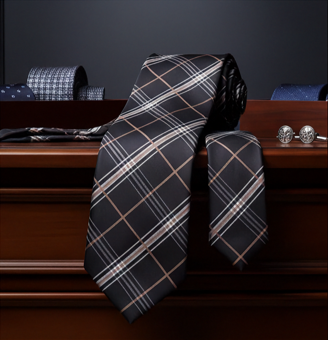 Black patterned tie on a wooden surface with a dark background