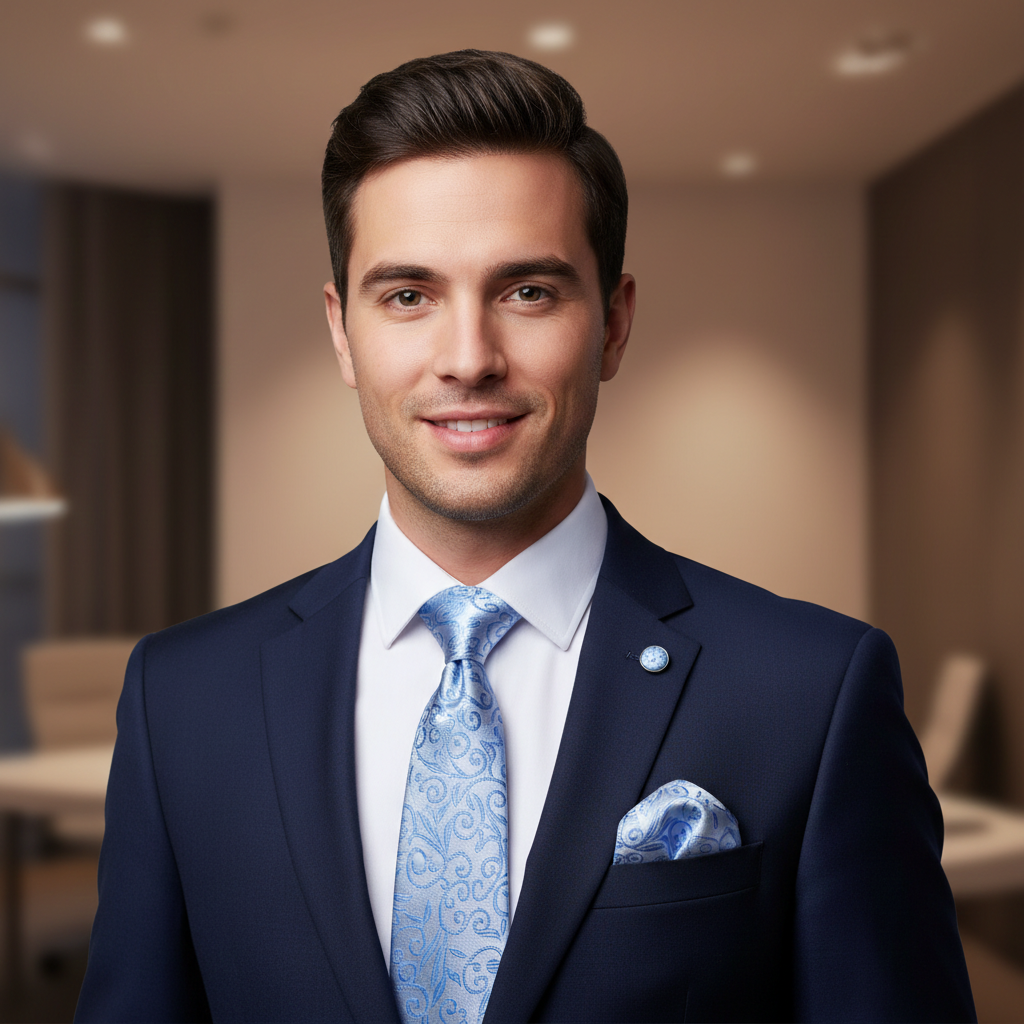 Man in a navy suit with a blue tie and pocket square in an indoor setting