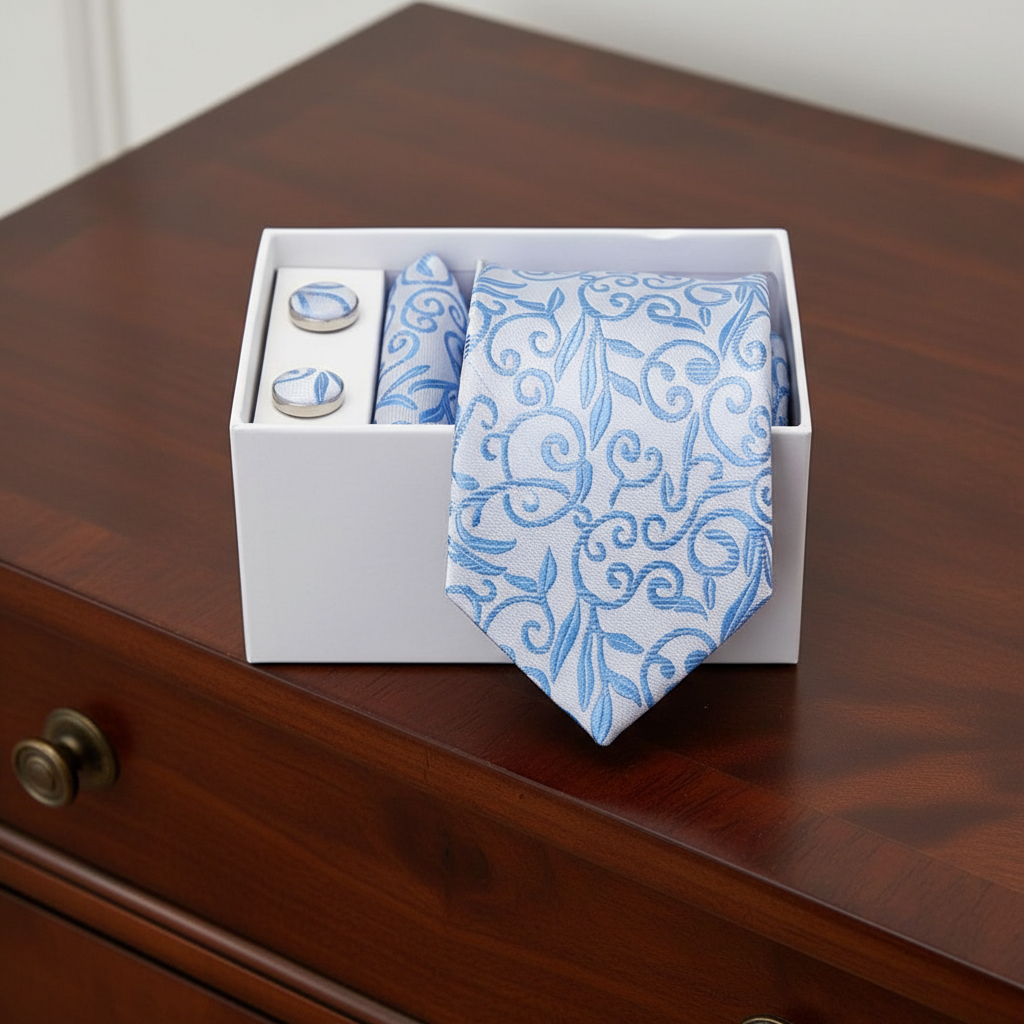 Blue patterned tie and cufflinks set in a white box on a wooden surface