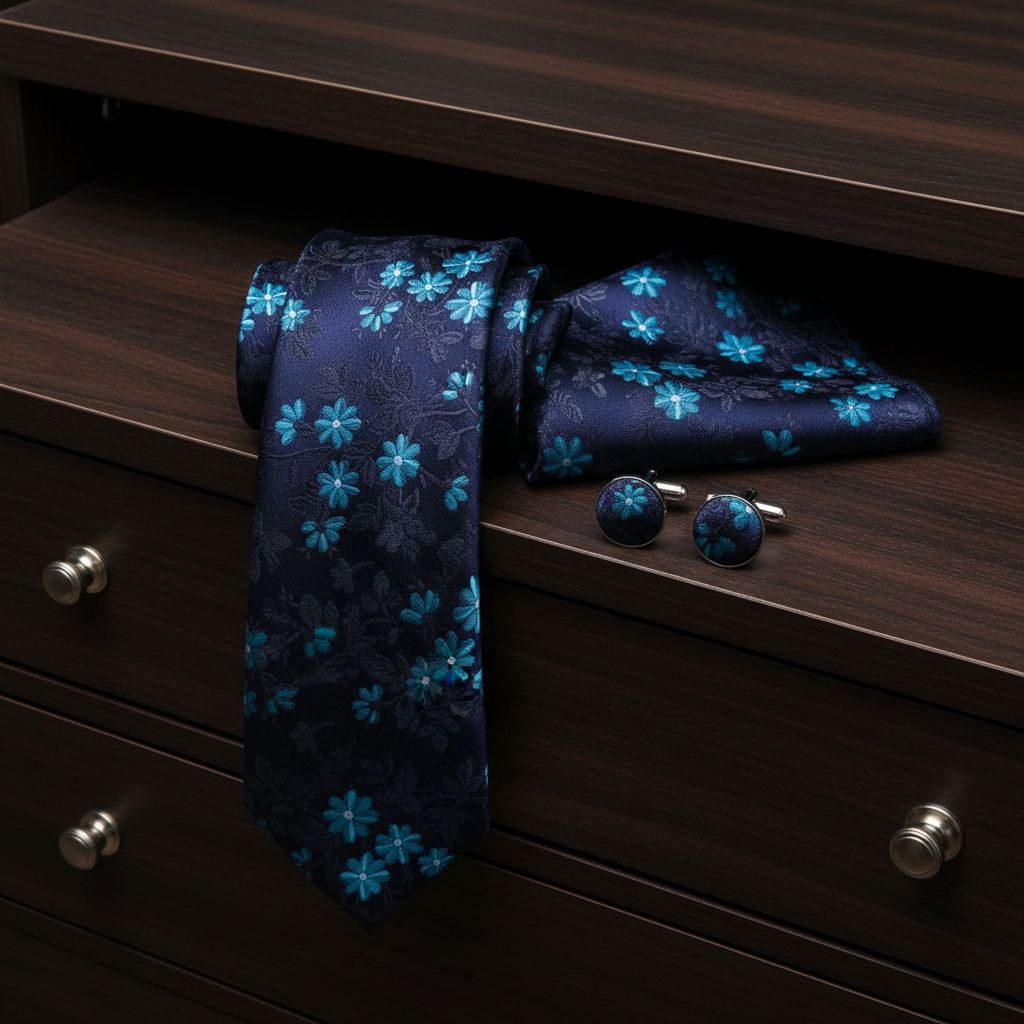 Navy floral tie, pocket square, and cufflinks on a wooden drawer
