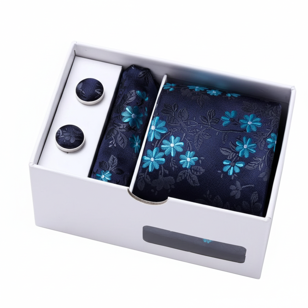 Navy floral tie set with matching cufflinks in a white box
