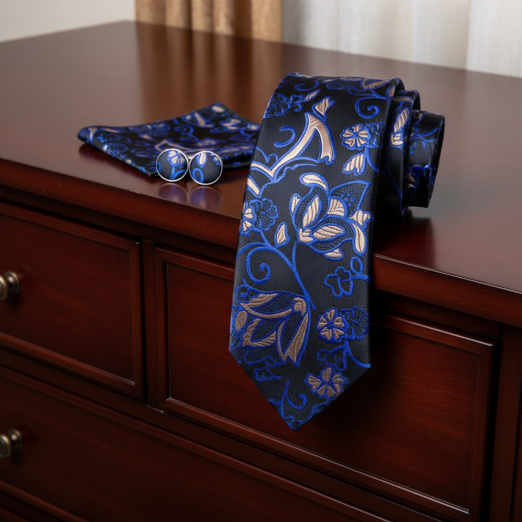 Blue floral tie, pocket square, and cufflinks on a wooden dresser.
