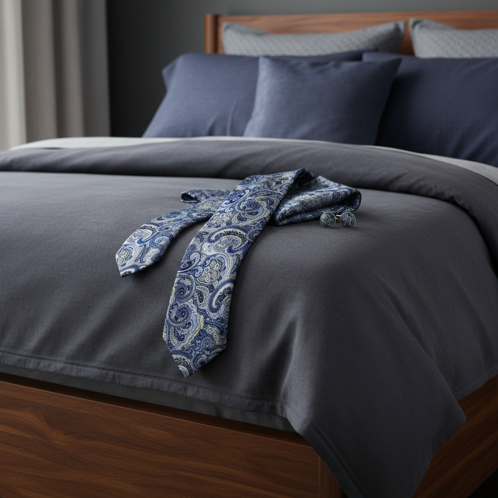 Blue paisley tie on a gray bed with pillows in the background