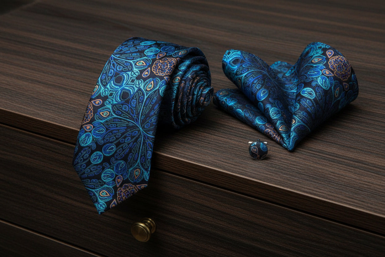 Blue Peacock Tie, Handkerchief and Cufflink Set image 1