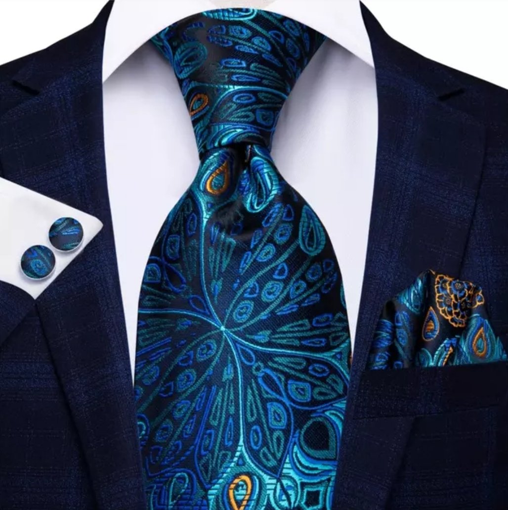 Blue Peacock Tie, Handkerchief and Cufflink Set