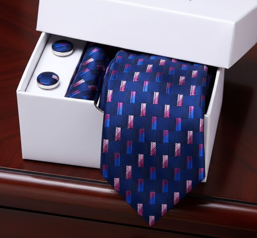 Blue patterned tie and cufflinks in a white box on a wooden surface