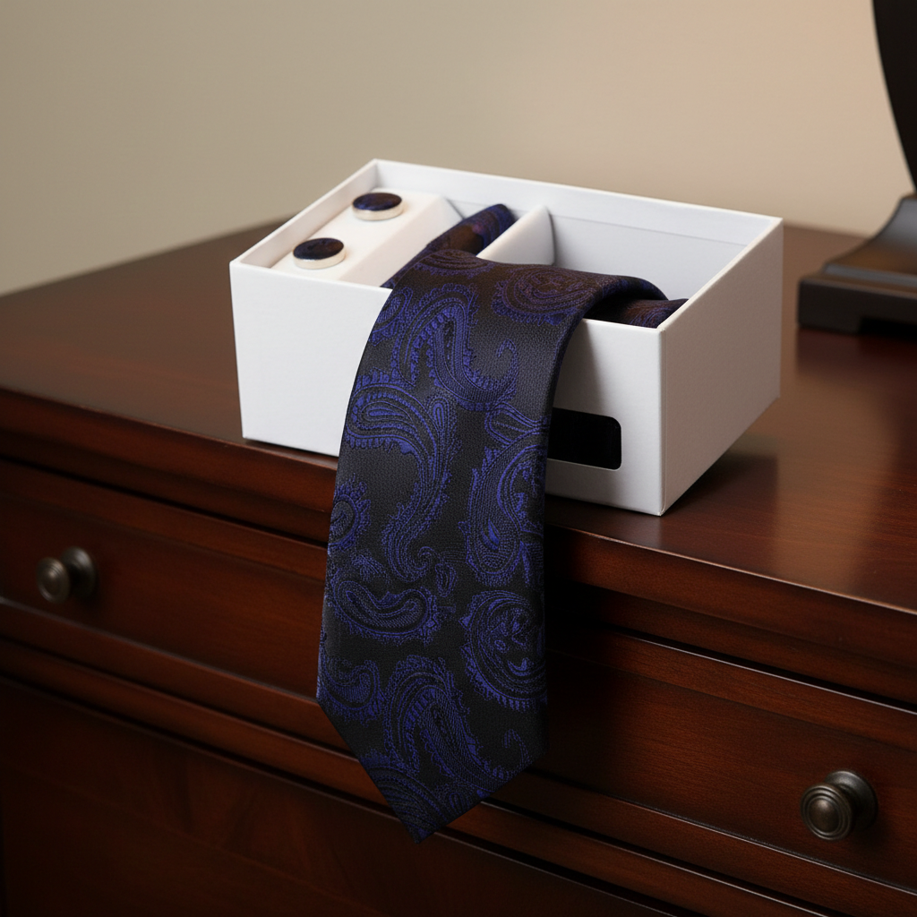 Blue paisley tie draped over a white box on a wooden surface