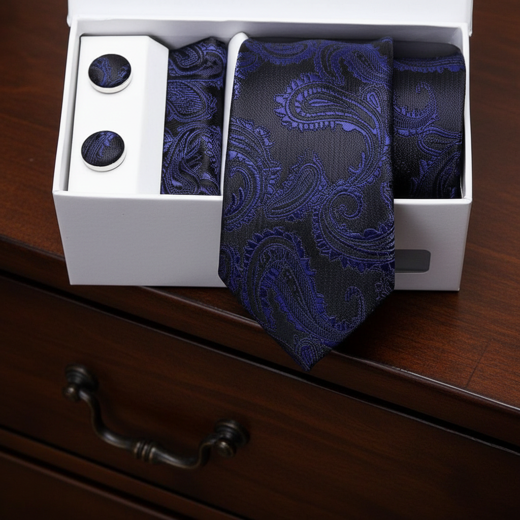 Blue paisley tie, pocket square, and cufflinks set in a white box on a wooden surface.