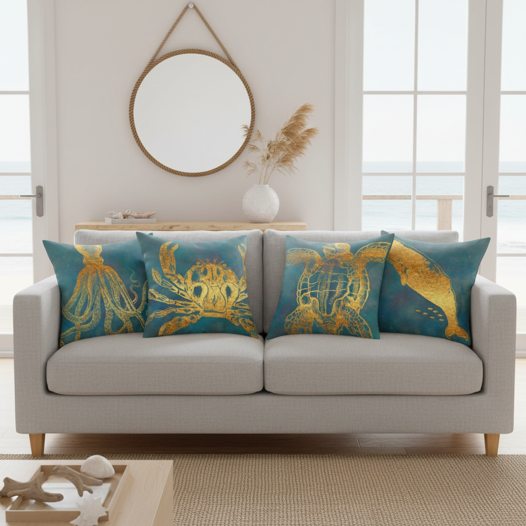 Gray sofa with decorative cushions featuring sea-themed designs in a living room setting.