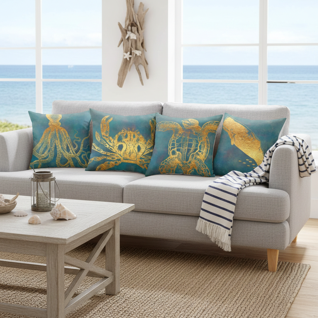 Living room with a gray sofa featuring decorative cushions with sea turtle designs, a wooden coffee table, and large windows overlooking water.