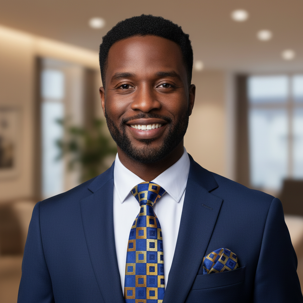 Man in a blue suit with a patterned tie and pocket square in an indoor setting