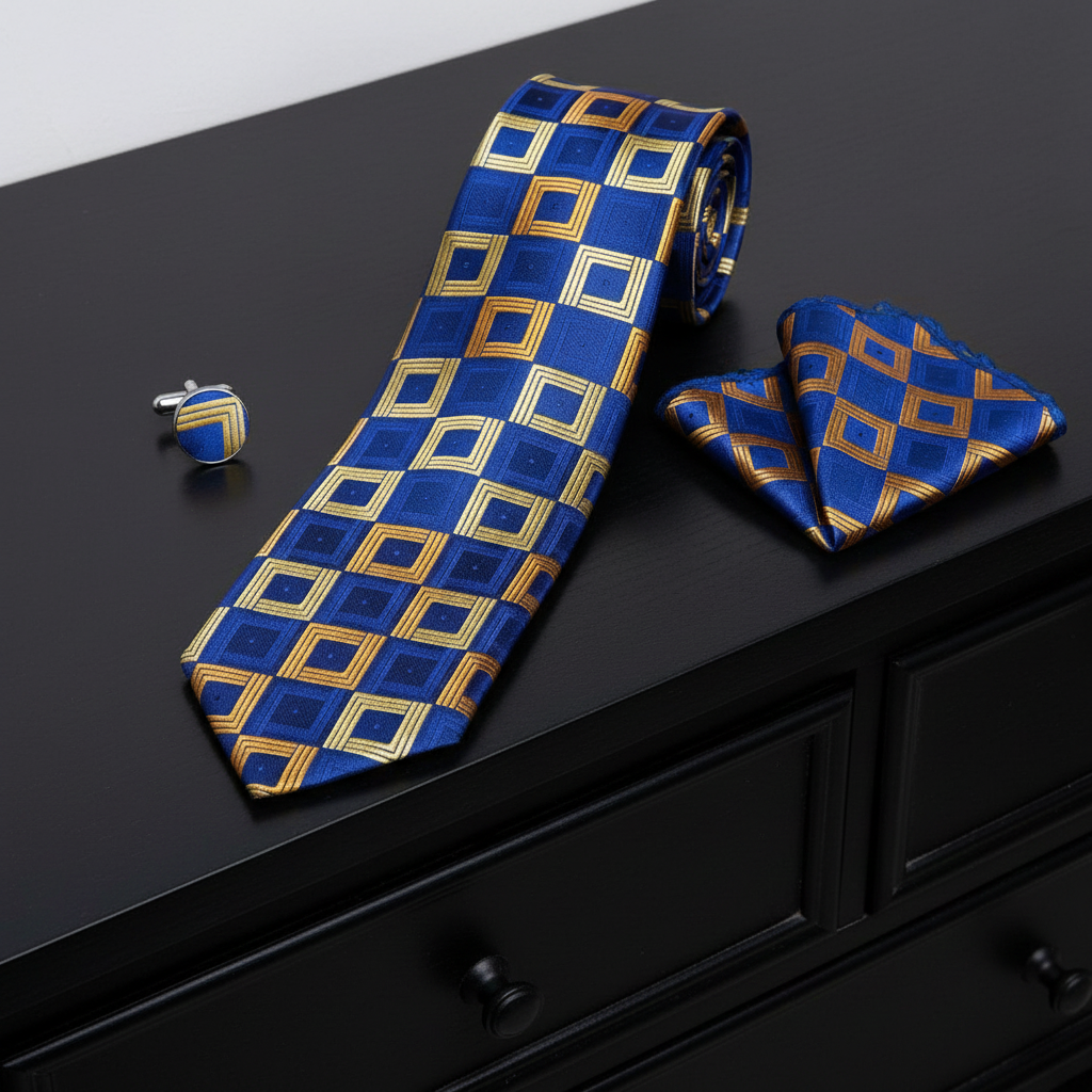 Blue and gold patterned tie, pocket square, and cufflinks on a black surface