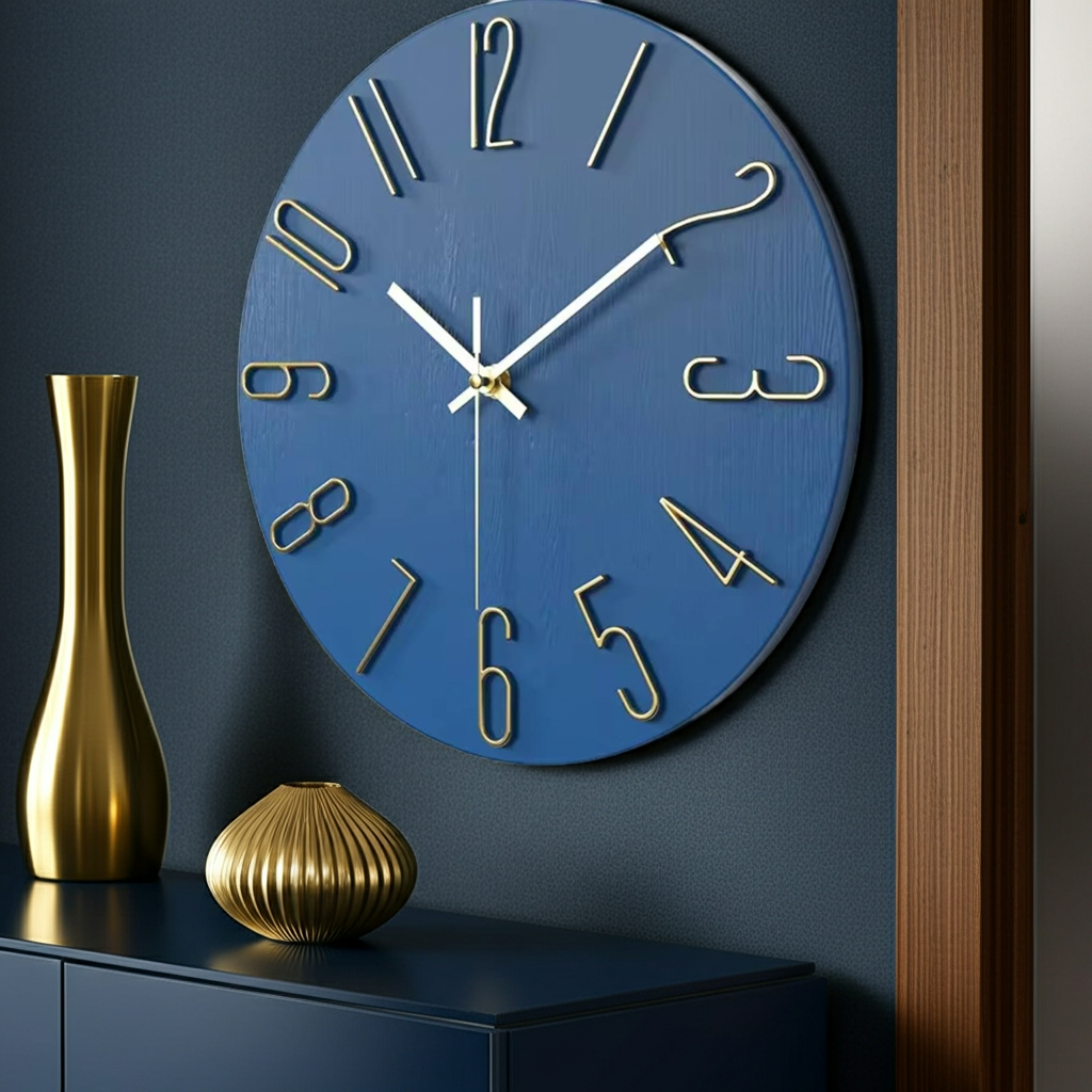 Blue wall clock with gold numbers on a dark blue wall with gold vases.