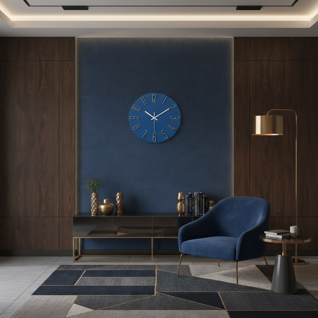 Modern interior with a blue wall clock, armchair, and decor items.
