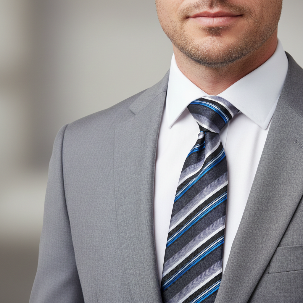 Man wearing a gray suit with a striped tie against a neutral background