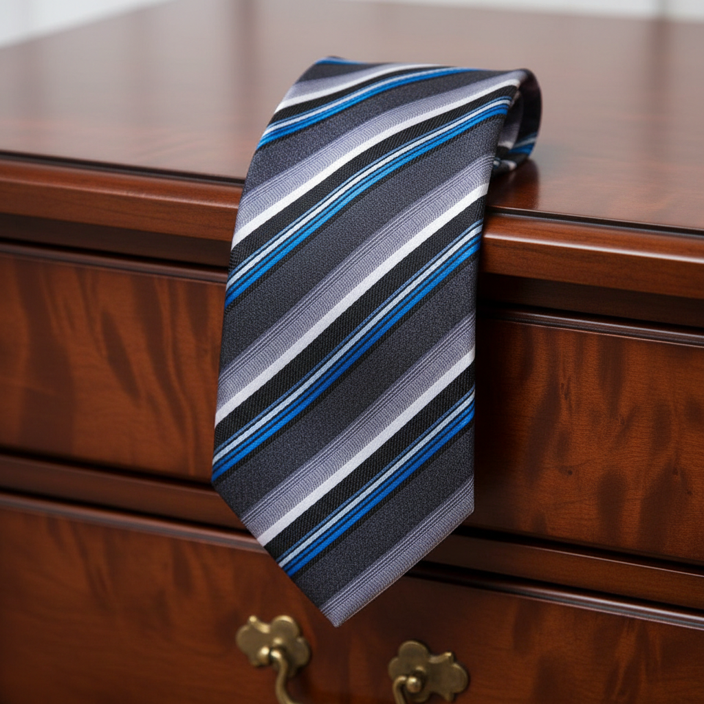 Blue and Grey striped tie hanging on a wooden drawer