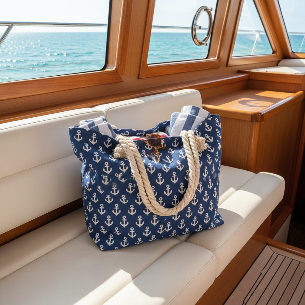 Blue tote bag with anchor pattern on a boat seat with ocean view