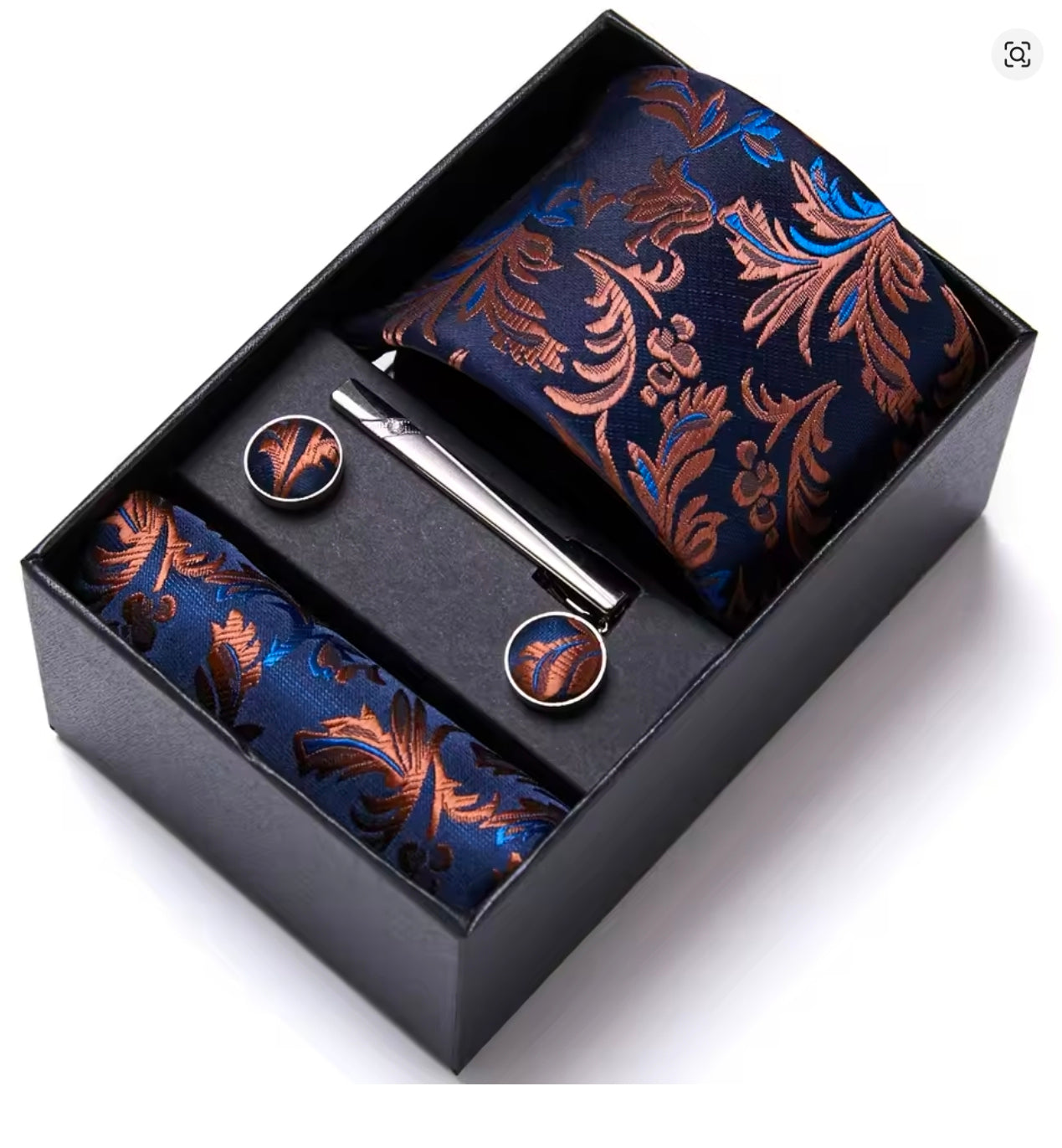 Blue and Copper gift set with blue floral tie, pocket square, cufflinks, and tie clip in a black box.