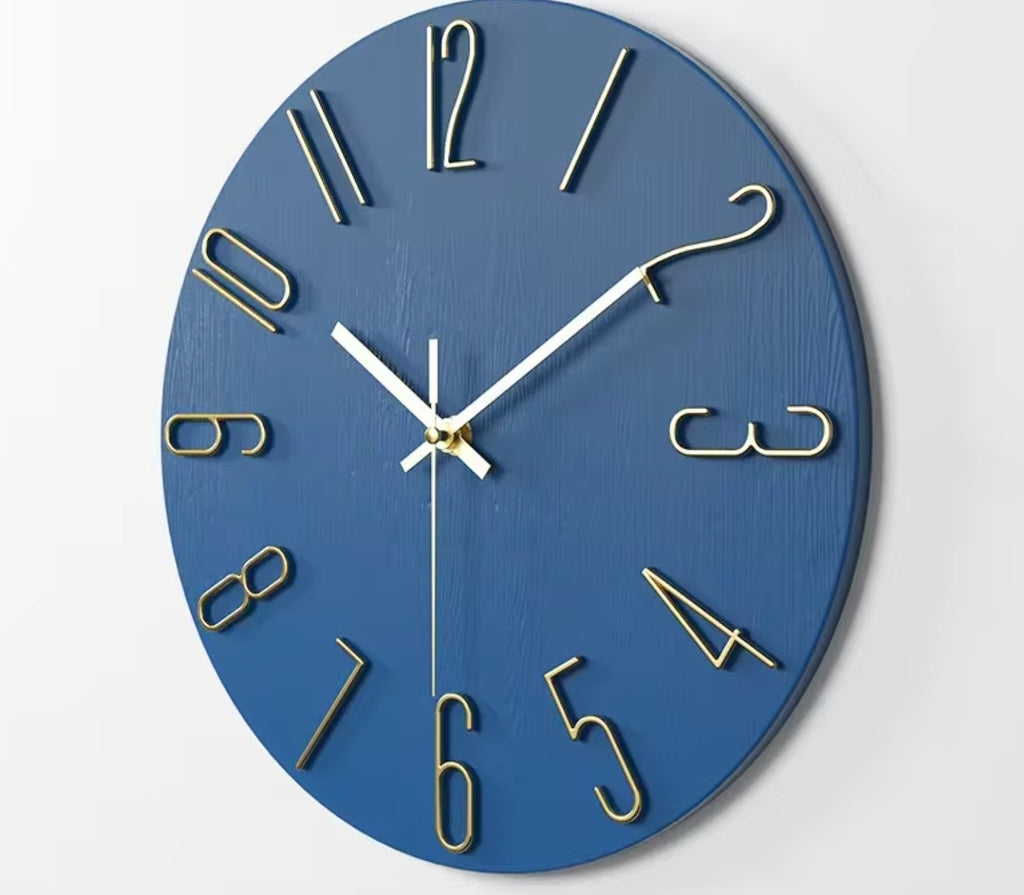 Blue and Gold Wall Clock with Gold Numbers