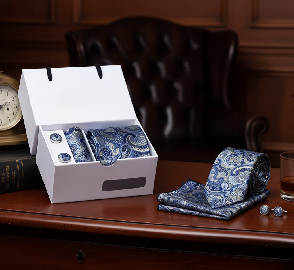 Blue paisley tie and pocket square set on a wooden desk