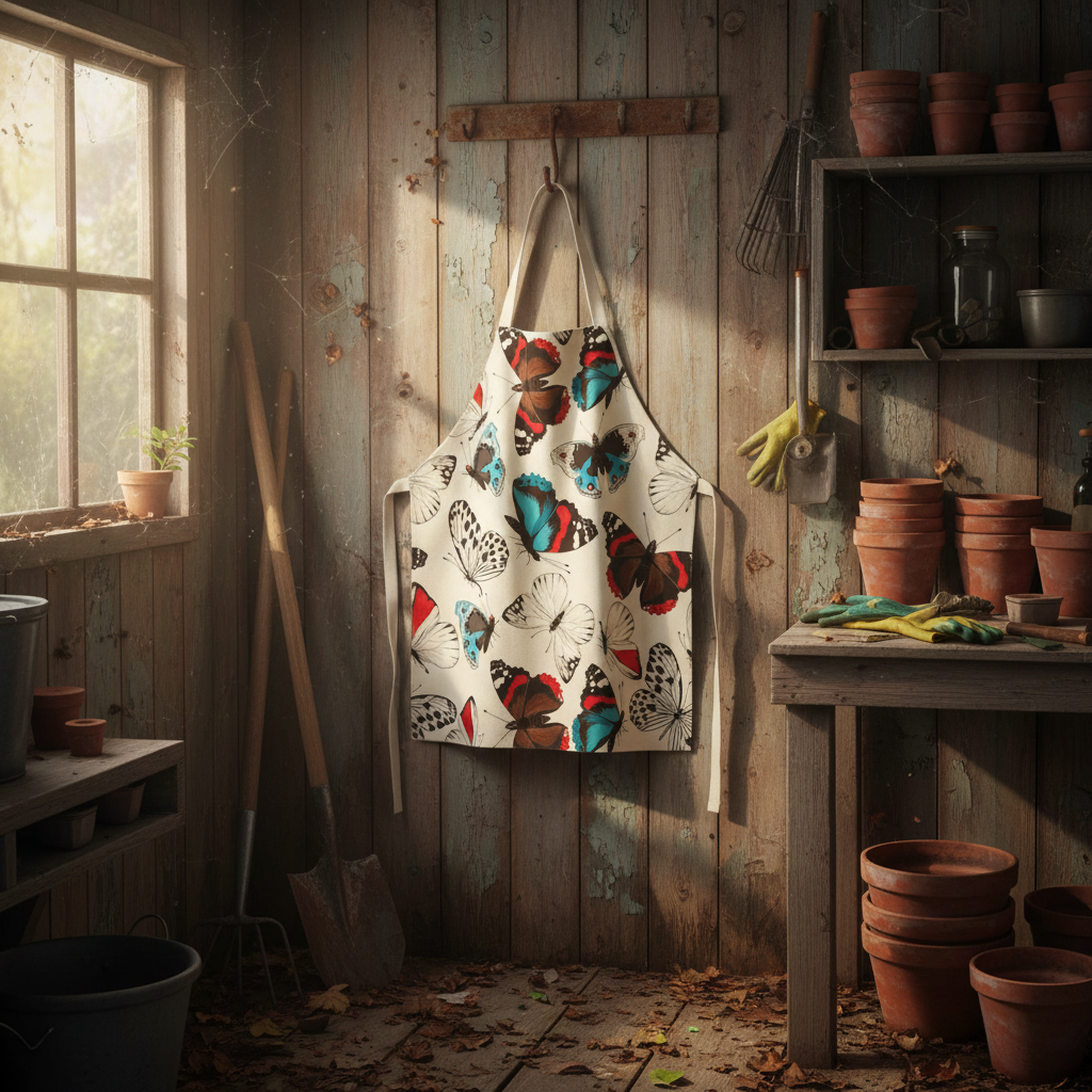 Butterfly-patterned apron hanging on a wooden wall in a rustic garden shed.