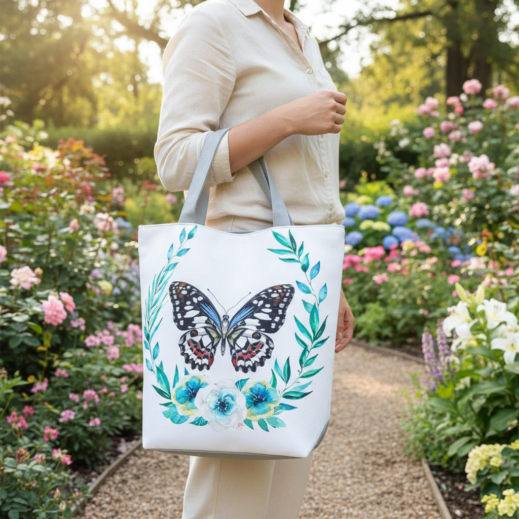 Person holding a tote bag with a butterfly design in a garden setting