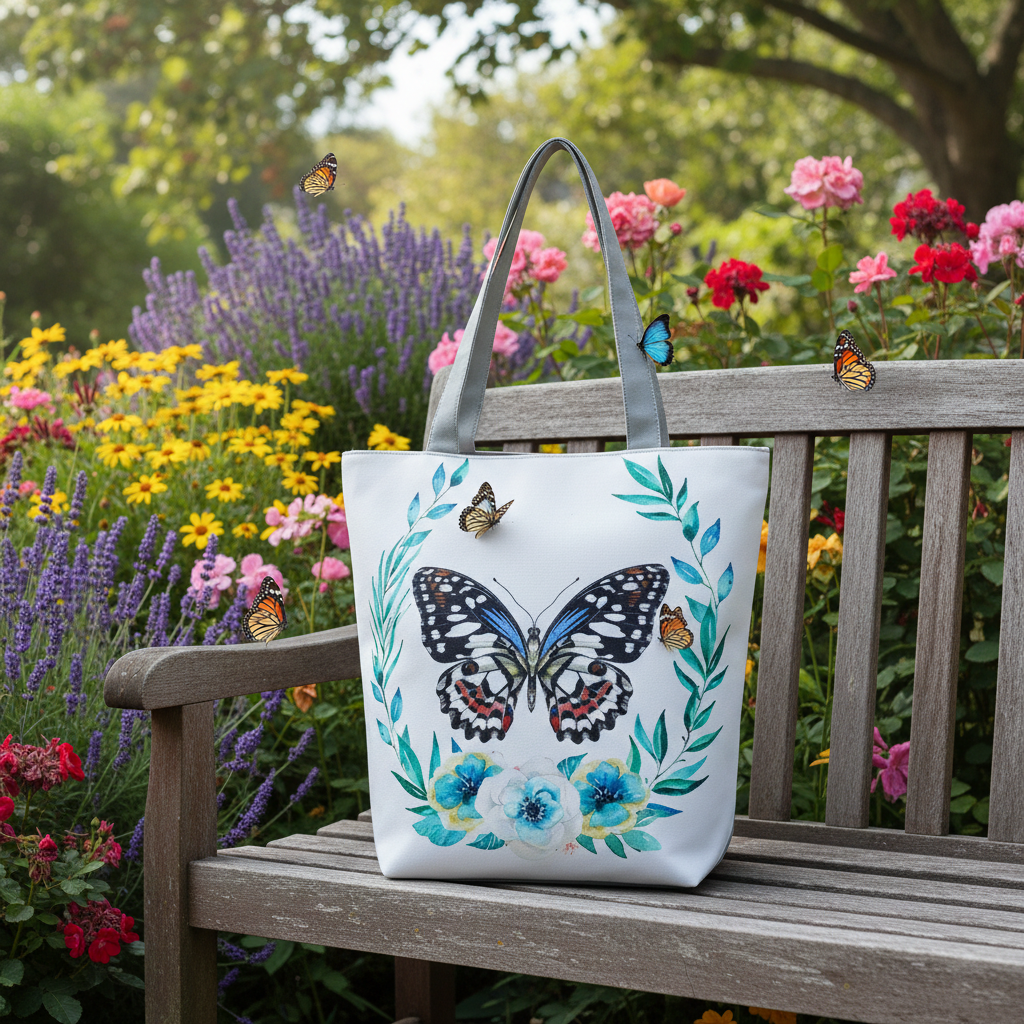 Tote bag with butterfly design on a wooden bench in a garden