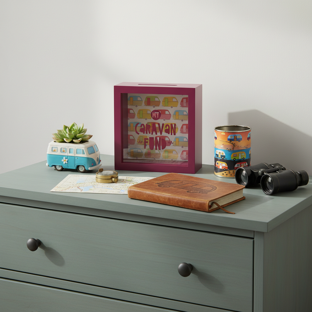 Decorative items on a dresser including a Caravan Fund Money Box Gift.