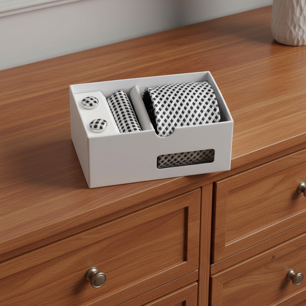 White gift box with black and white patterned tie set on a wooden dresser.