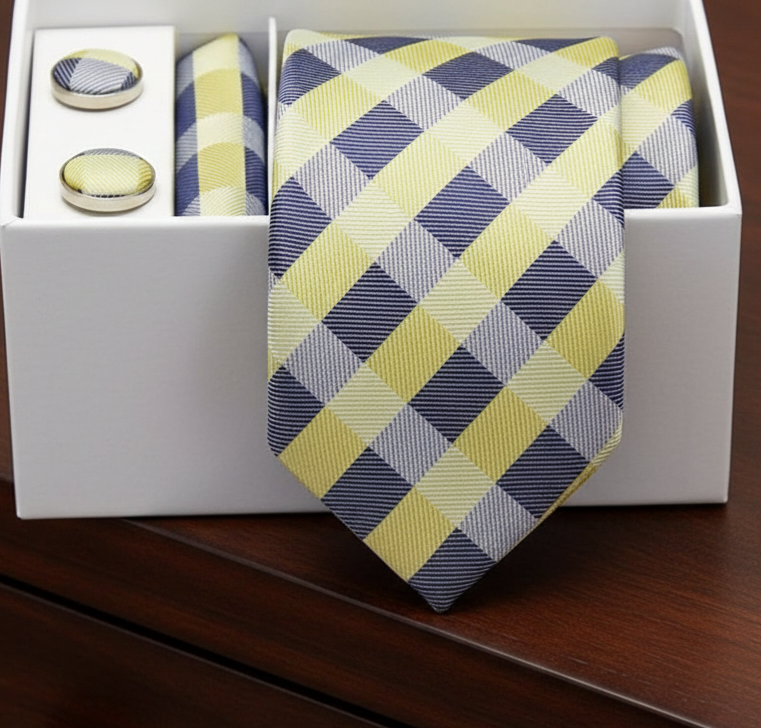 Plaid blue and yellow tie and cufflinks set in a white box on a wooden surface