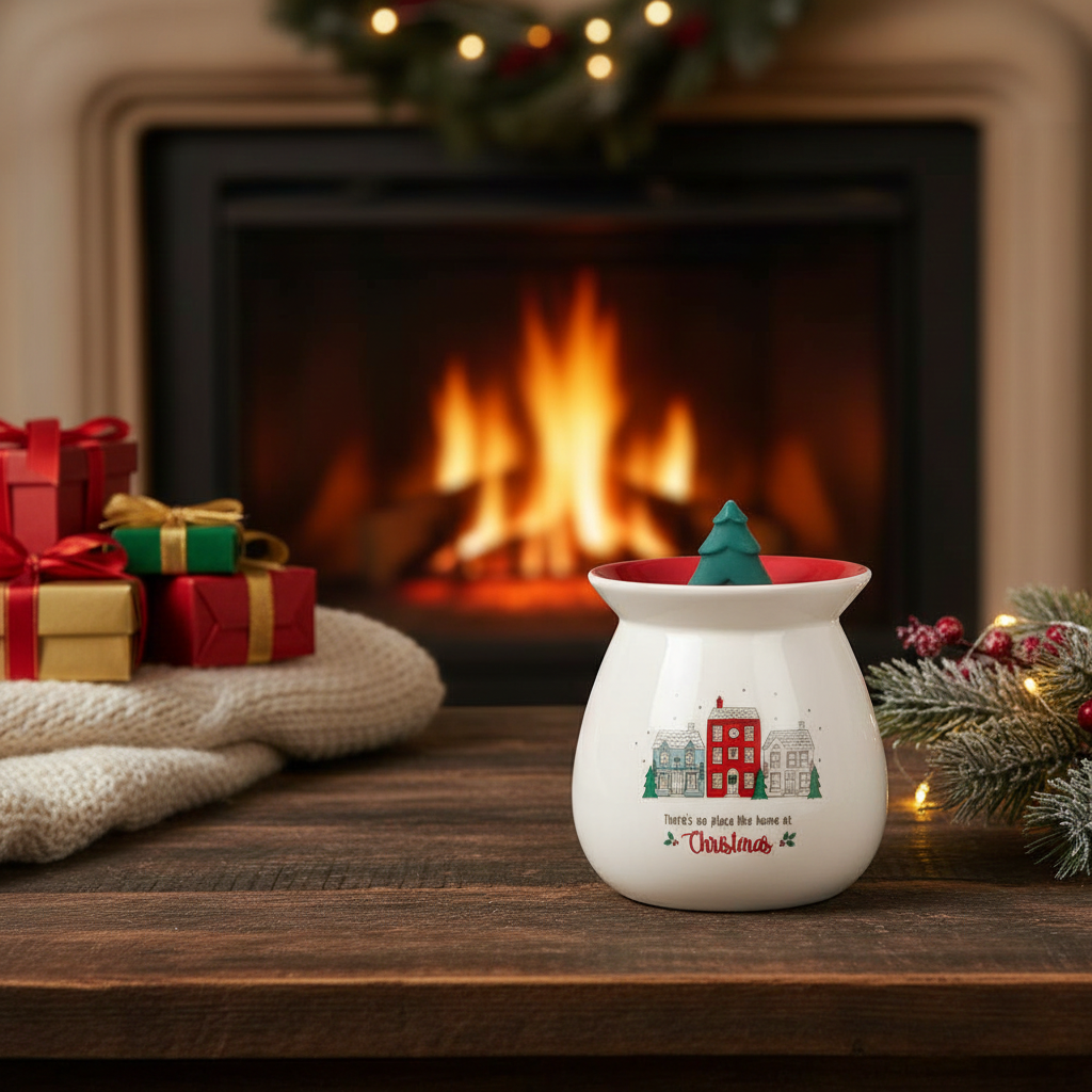 White wax warmer with Christmas design in front of a fireplace with stockings and gifts.