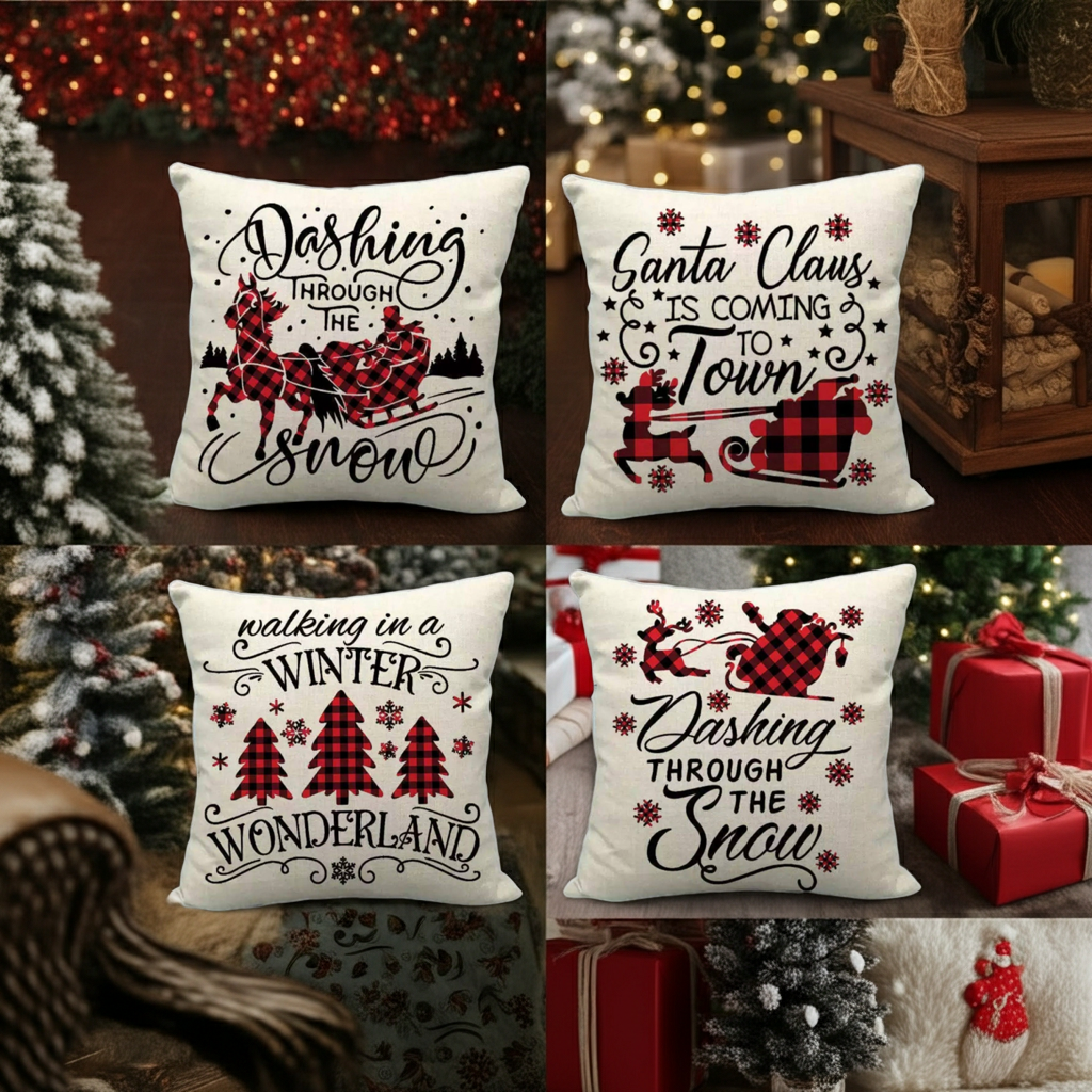 Set of Christmas-themed  with festive cushions ,sayings and designs.