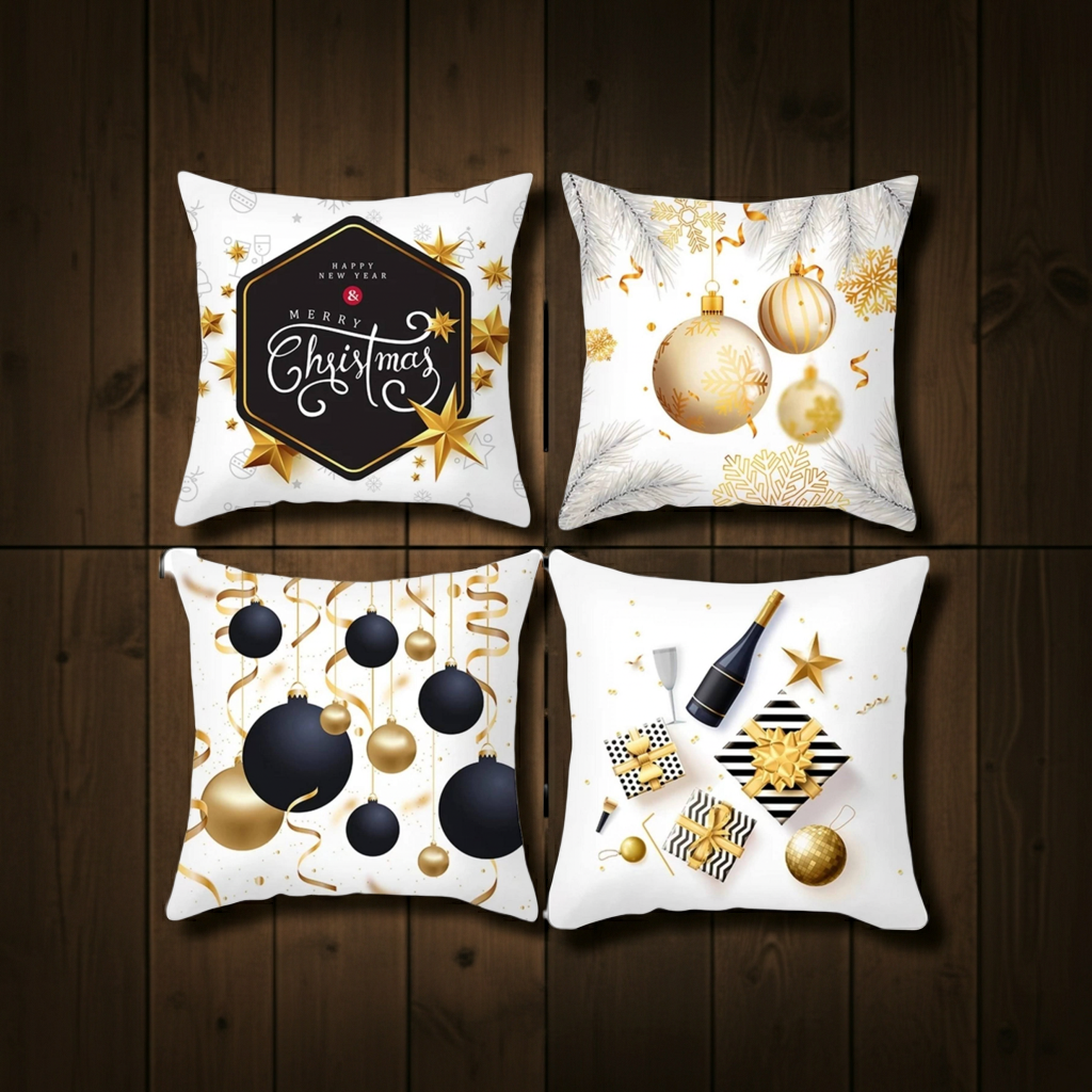 Four Christmas-themed decorative pillows on a wooden background