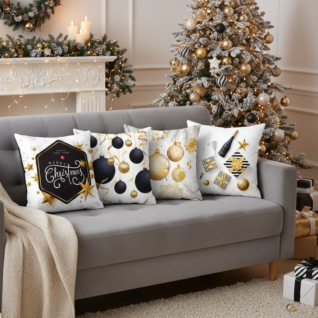 Decorative Christmas pillows on a gray sofa with a Christmas tree in the background.