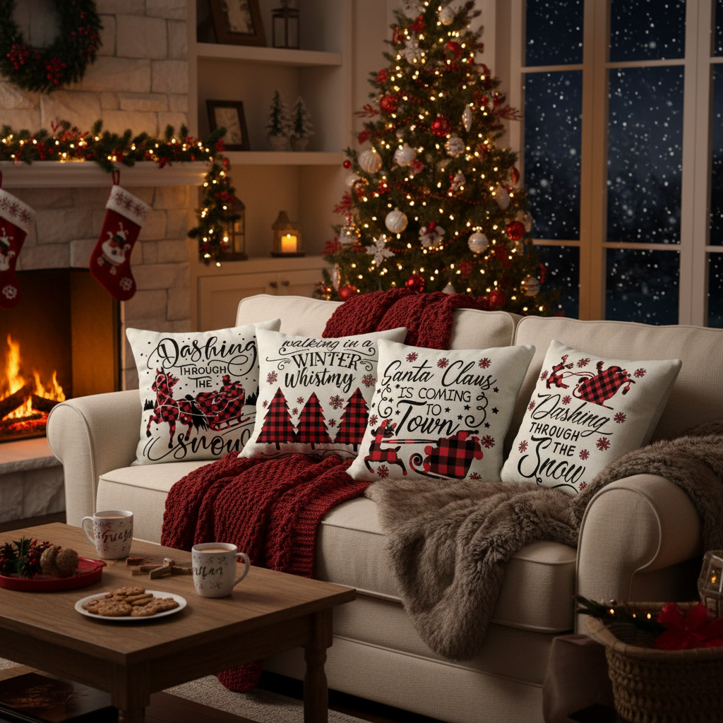 Cosy living room with Christmas decorations, including a tree, stockings, and festive cushions.