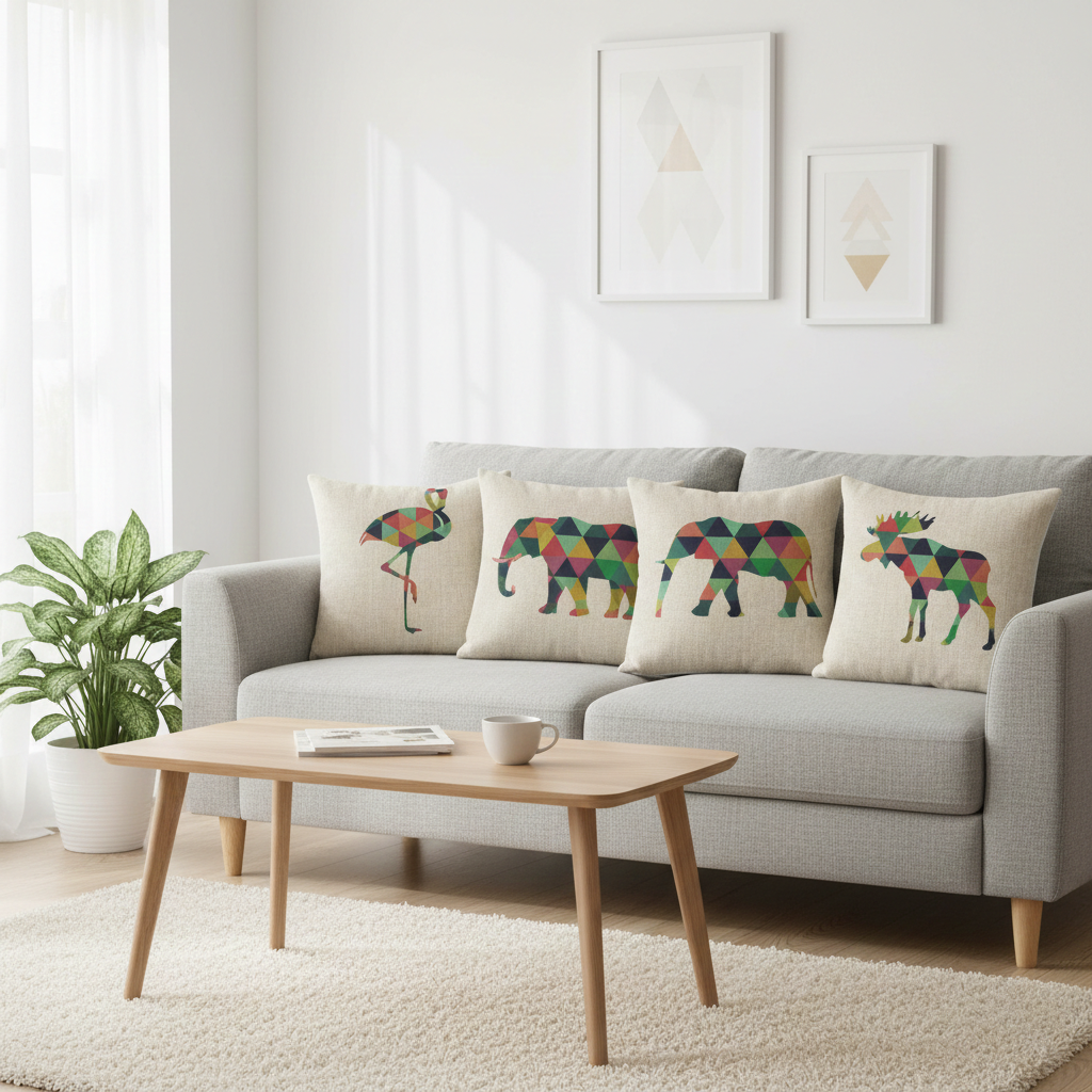 Living room with a gray sofa featuring colorful animal-patterned cushions, a wooden coffee table, and decorative plants.