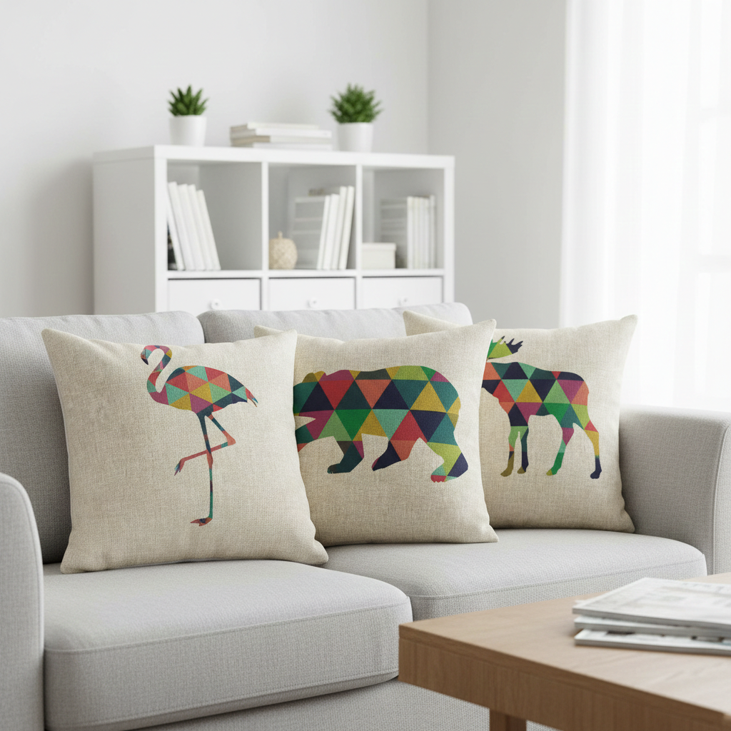 Decorative pillows with geometric animal patterns on a sofa in a living room.