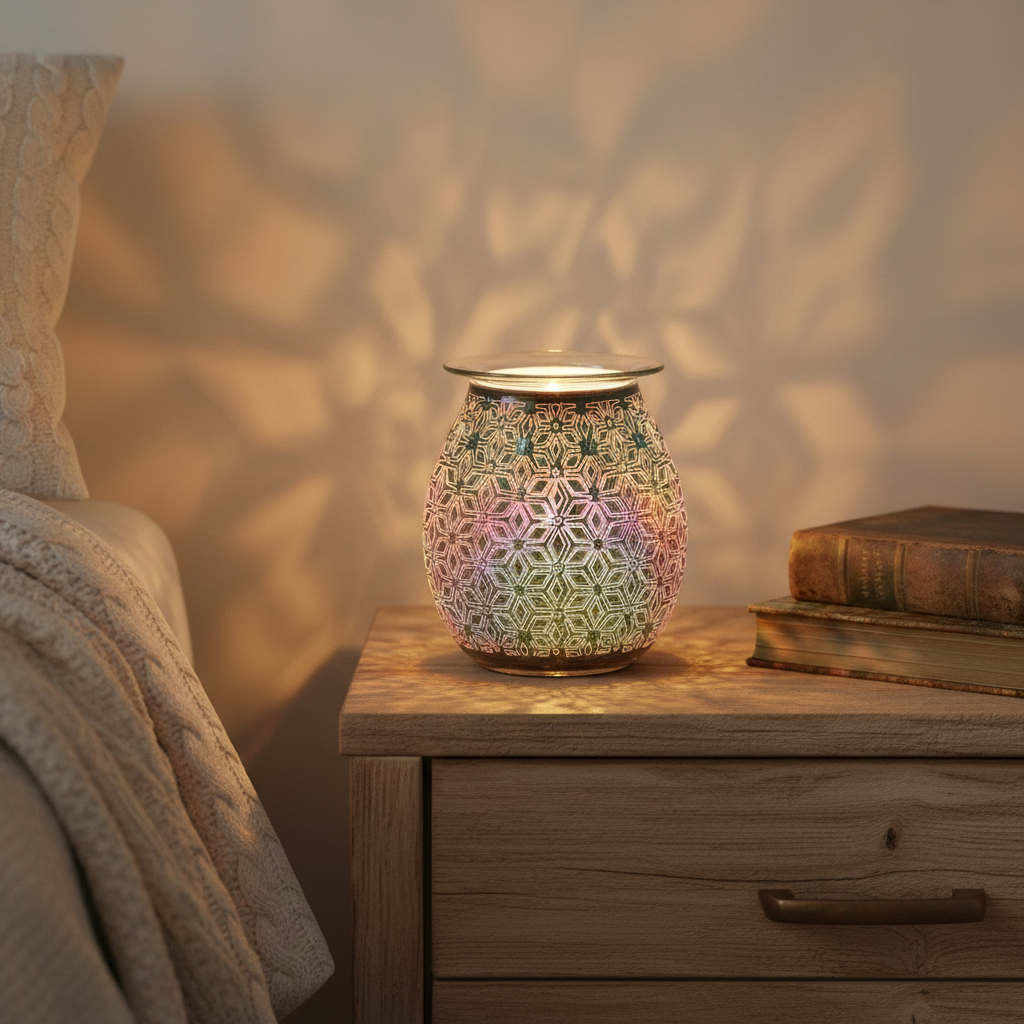 Decorative colourful oil brmer/ wax melter on a wooden nightstand with soft lighting