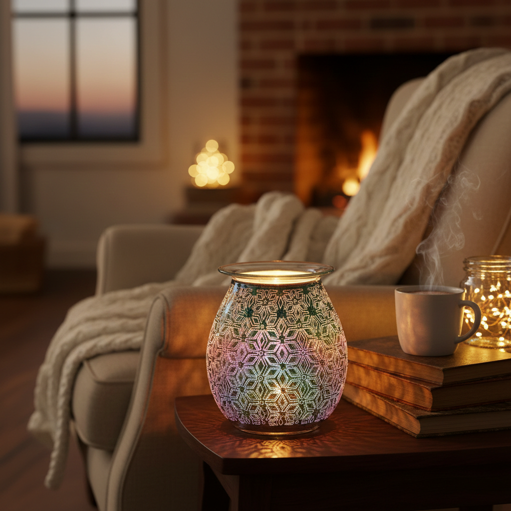 Decorative wax melter/ oil buner on a table with a cozy living room background featuring a fireplace.