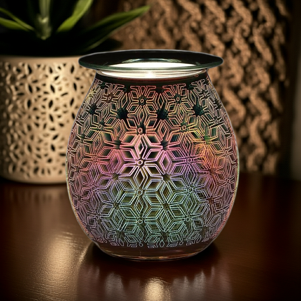 Decorative glass oil burner/ wax melter with geometric pattern on a wooden surface