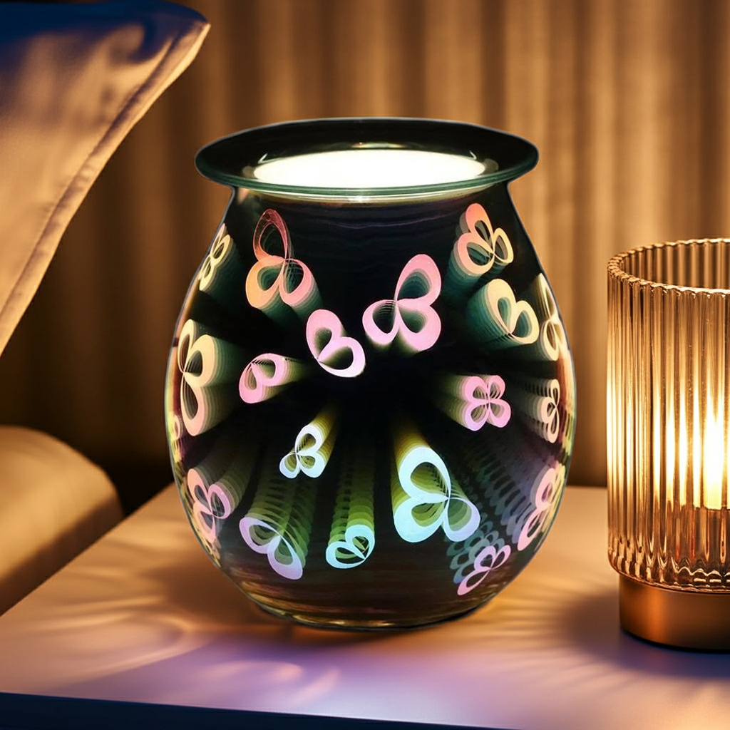 Decorative glass wax warmer/ oil burner with butterfly patterns on a table next to a gold candle holder.