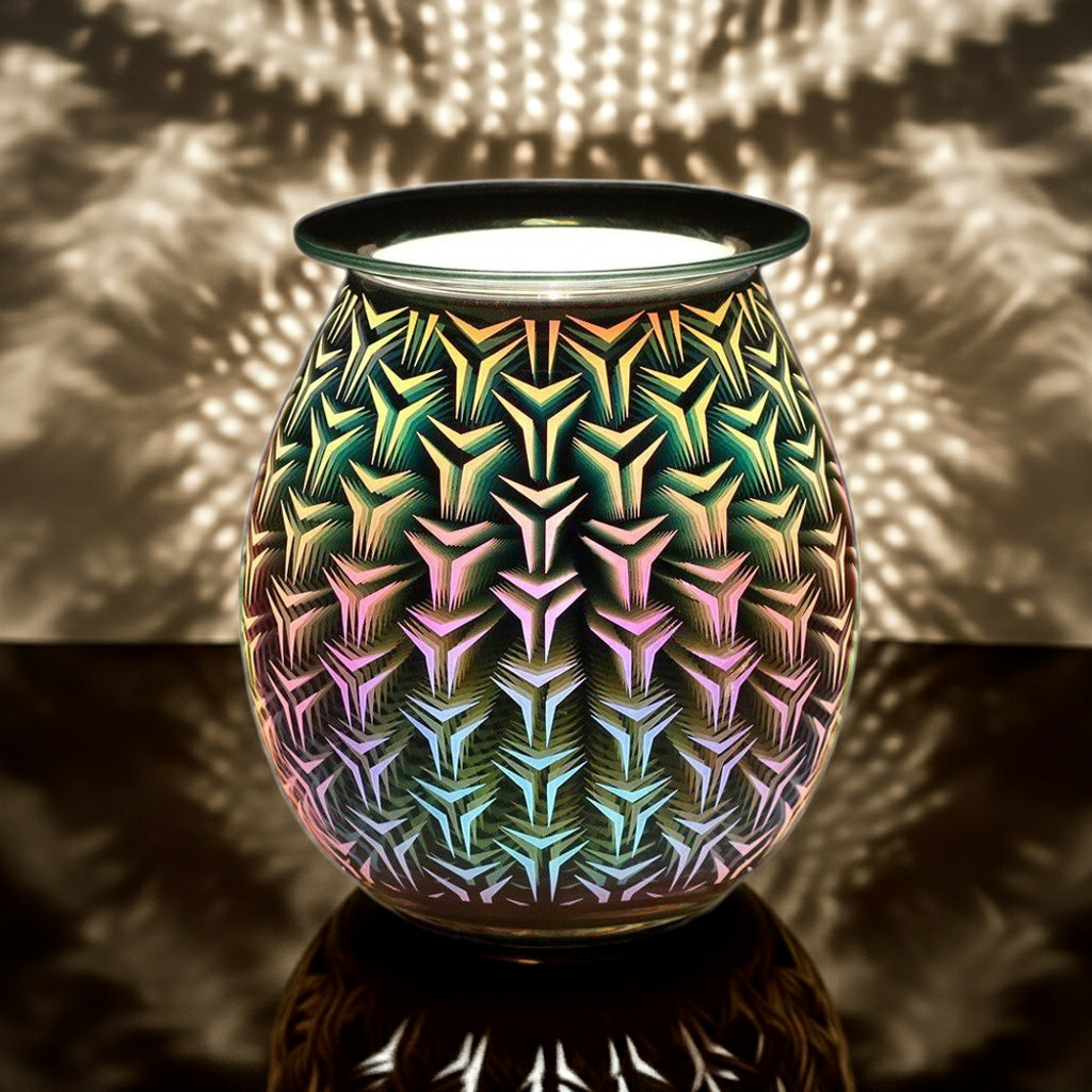 Decorative glass wax melter/ oil burner with geometric pattern on a dark background