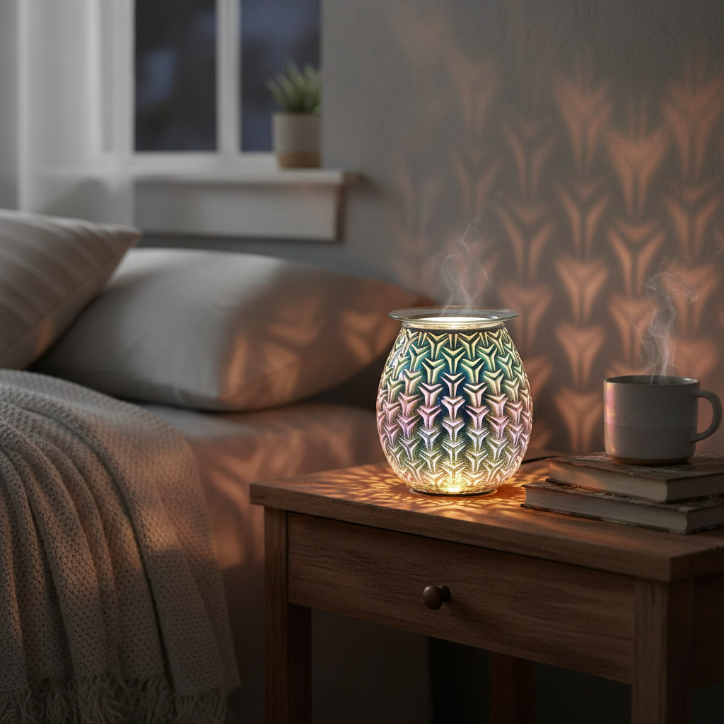Decorative colourful lamp which is a wax melter/ oil diffuser on a bedside table with a cozy bedroom setting