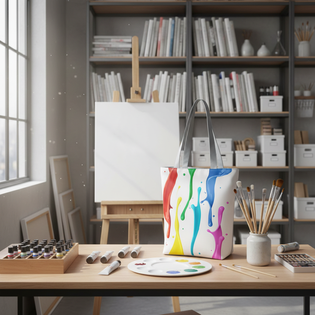 Tote bag with colorful design on a table in an art studio setting