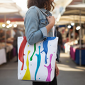 Person holding a tote bag with colorful paint splatter design in an outdoor market setting