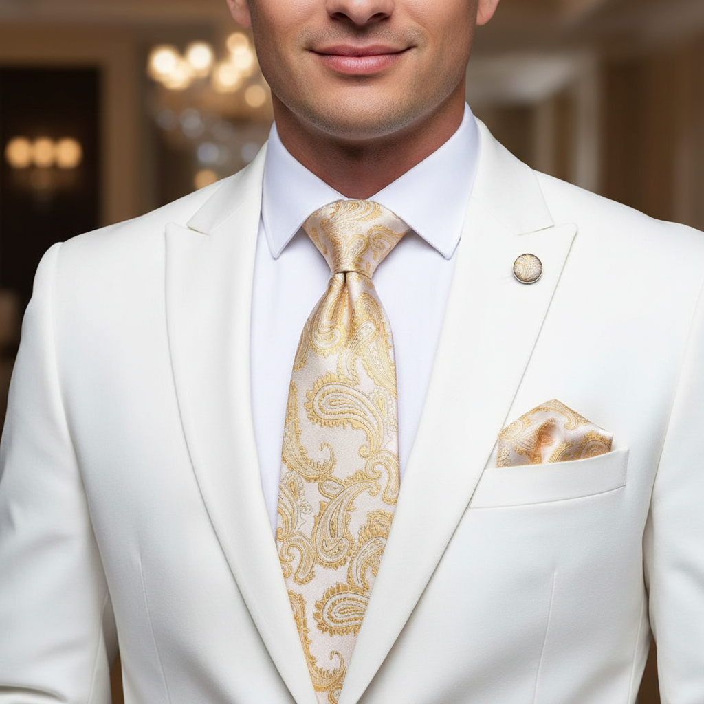 Man wearing a white suit with a gold paisley tie and pocket square.