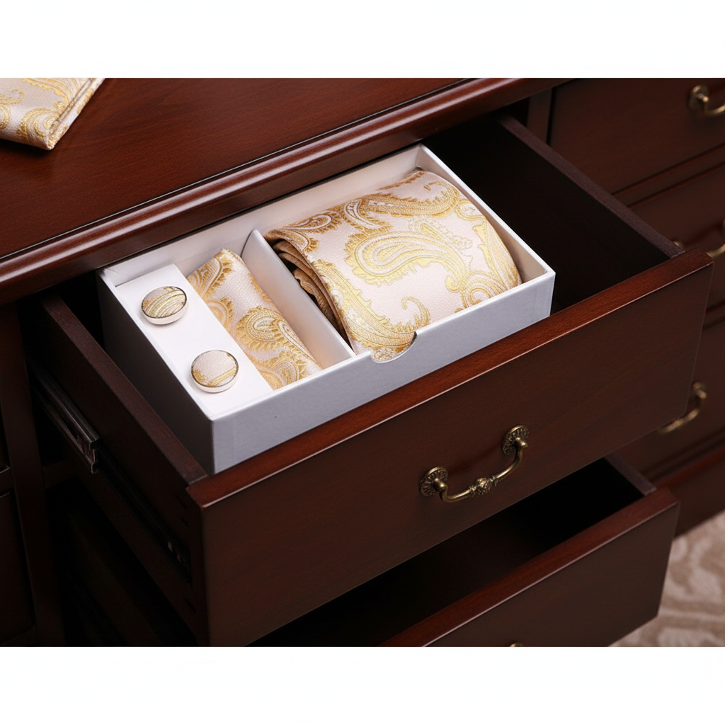 Gold paisley tie and cufflinks set in a white box on a wooden dresser.