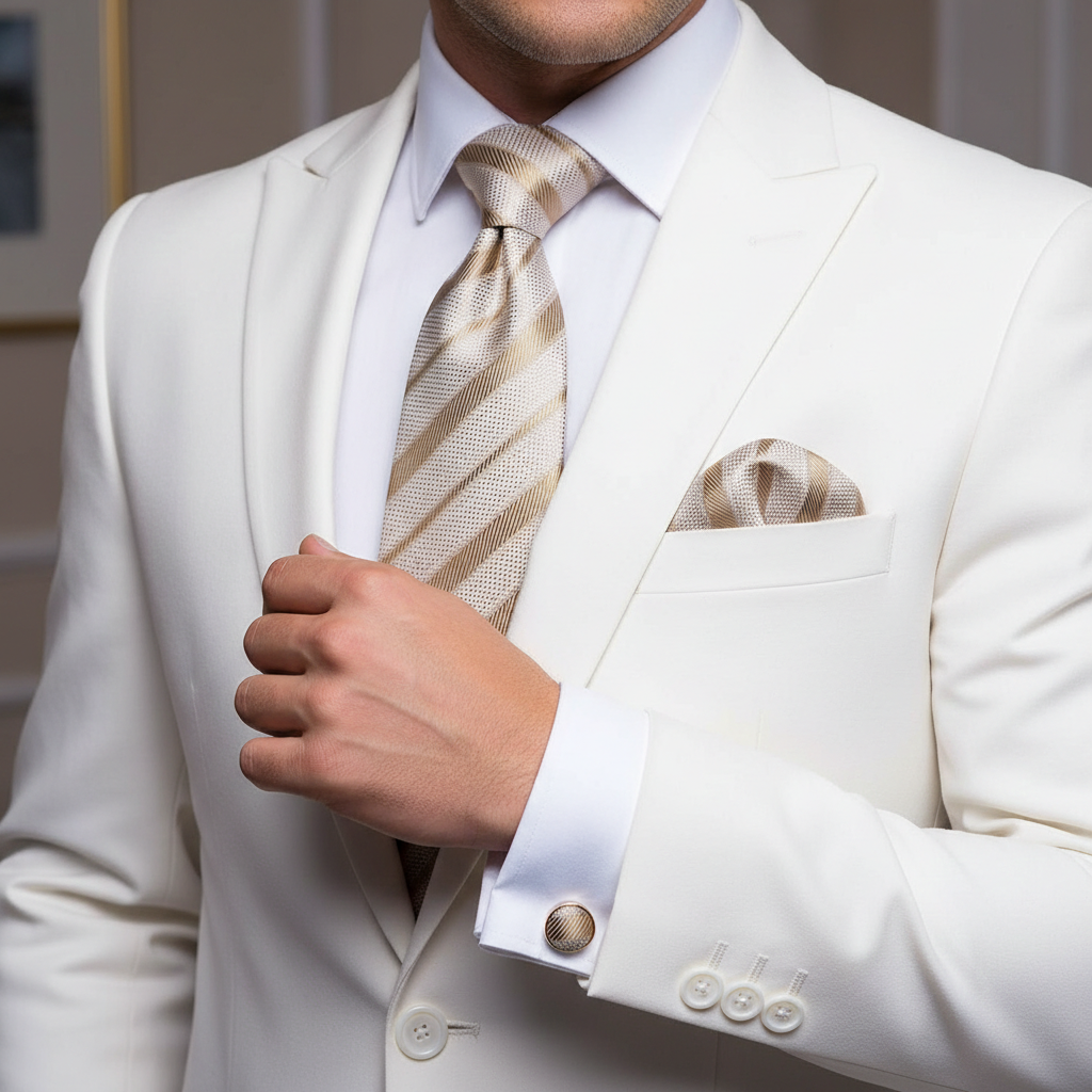 Man wearing a white suit with a patterned tie and pocket square.