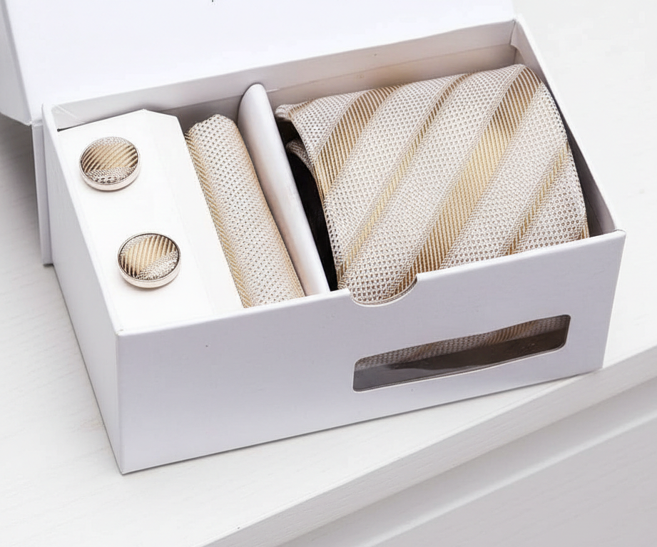 Tie and cufflinks set in a white box on a light gray background