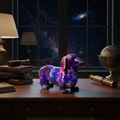 Colorful galaxy-themed dog figurine on a desk with a window view of stars.